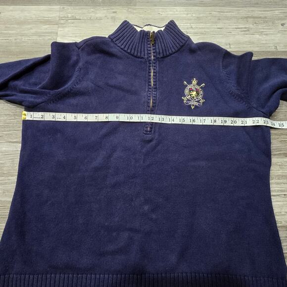 Lauren Ralph Lauren Navy Blue Quarter Zip Gold Embroidered Crest Logo Sweater - Picture 10 of 12